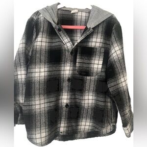 Kids unisex size 4 black and white plaid button‎ down shirt with hood